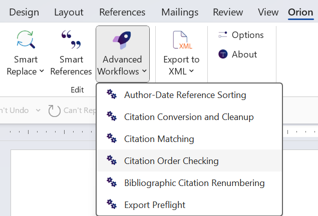 Citation Order Checking in the Advanced Workflow dropdown menu
