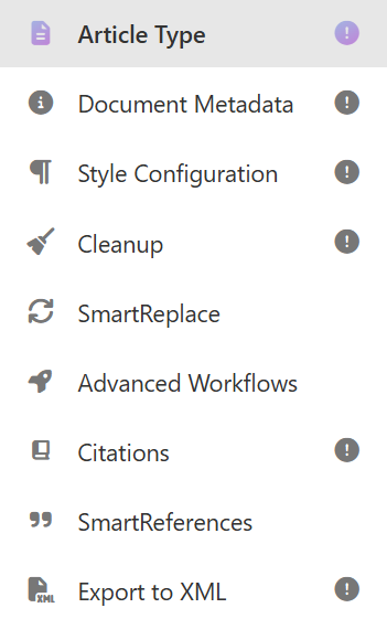 Exclamation mark next to each option in global settings indicating incomplete configuration