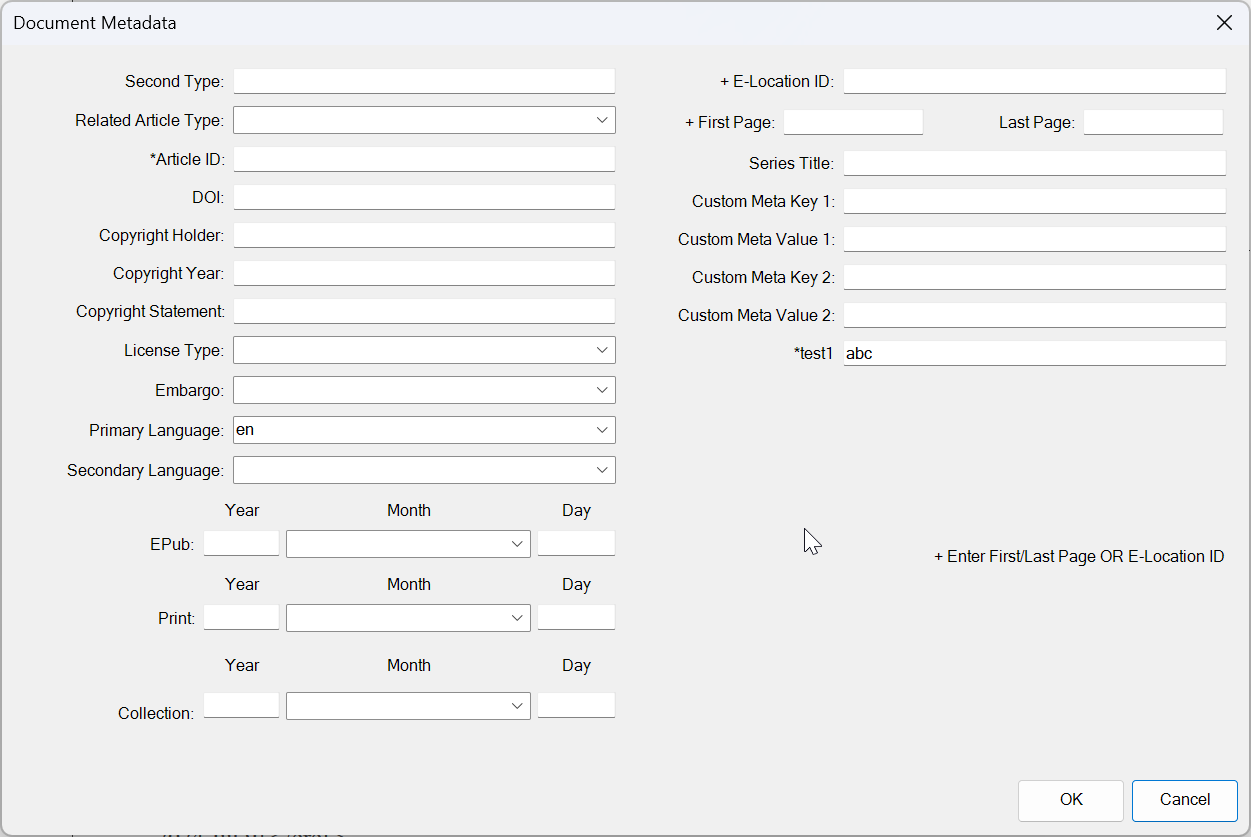 Document Metadata dialog