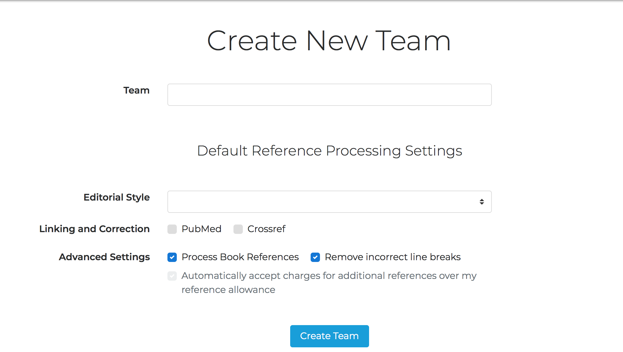 The Create New Team page with fields for team name, default editorial style, and default job settings