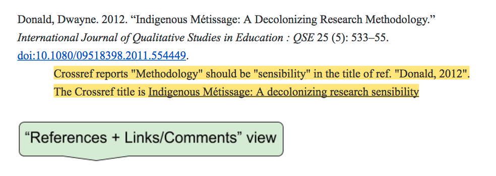 Edifix reference entry showing Crossref flagging a discrepancy with a comment instead of making a correction
