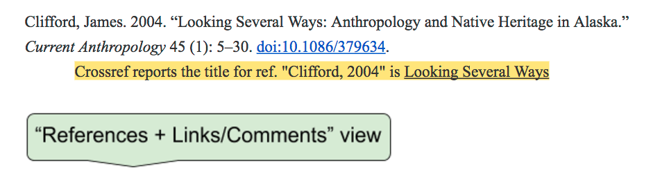 Edifix reference entry showing a Crossref metadata issue where the article title and subtitle were deposited separately