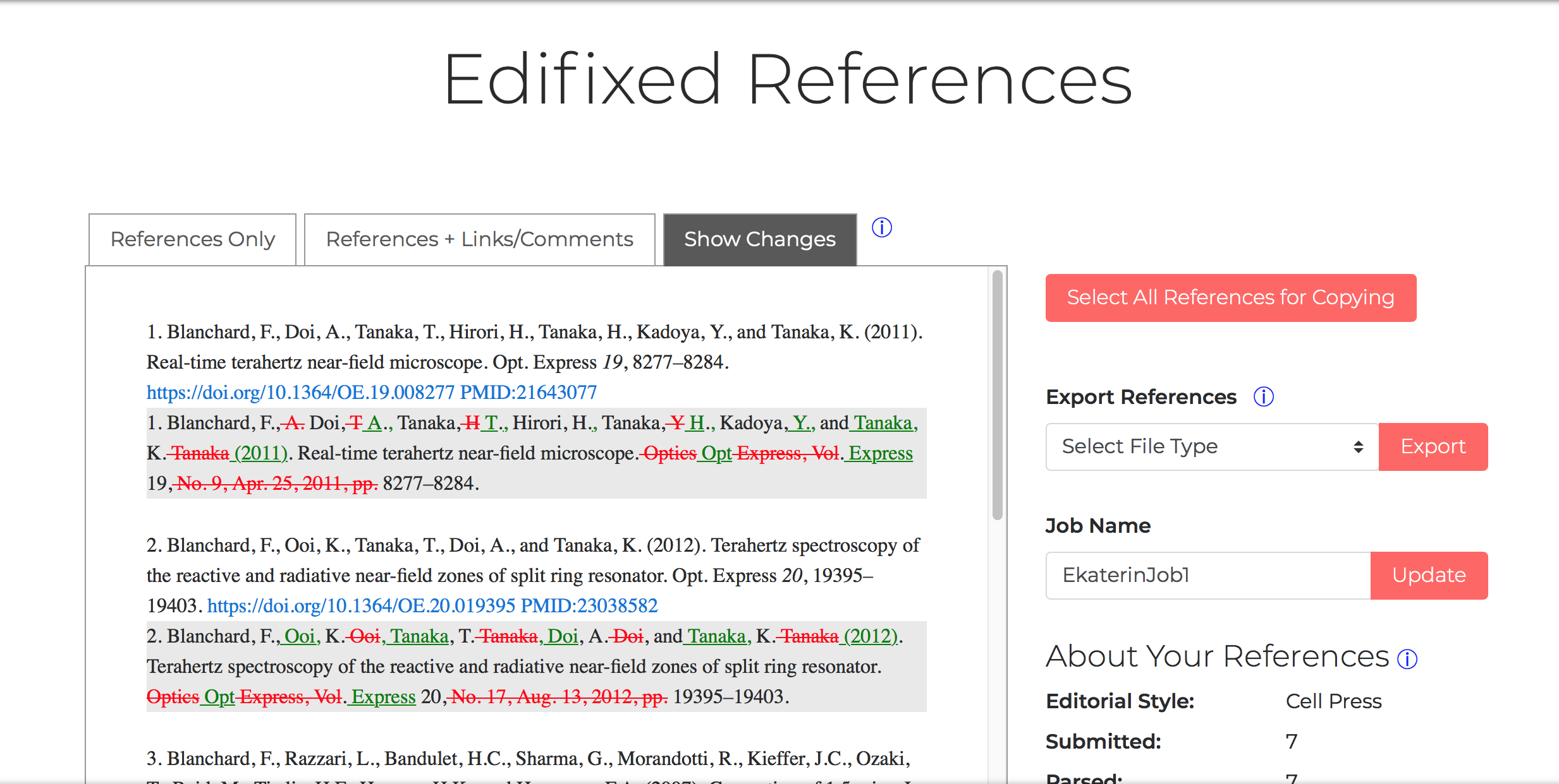 Edifix results displayed in the References Only, Links and Comments, and Show Changes views