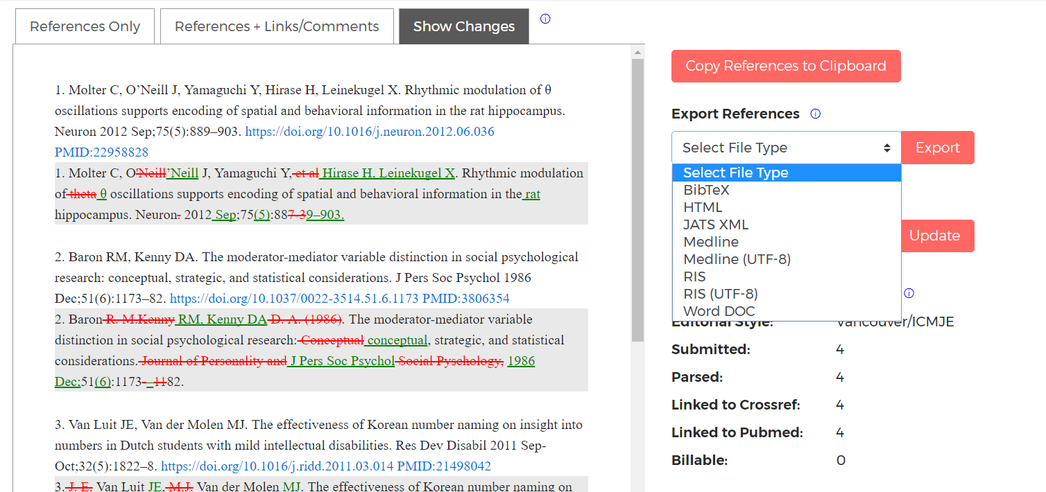 The Export Format drop-down menu on the Edifixed References results page