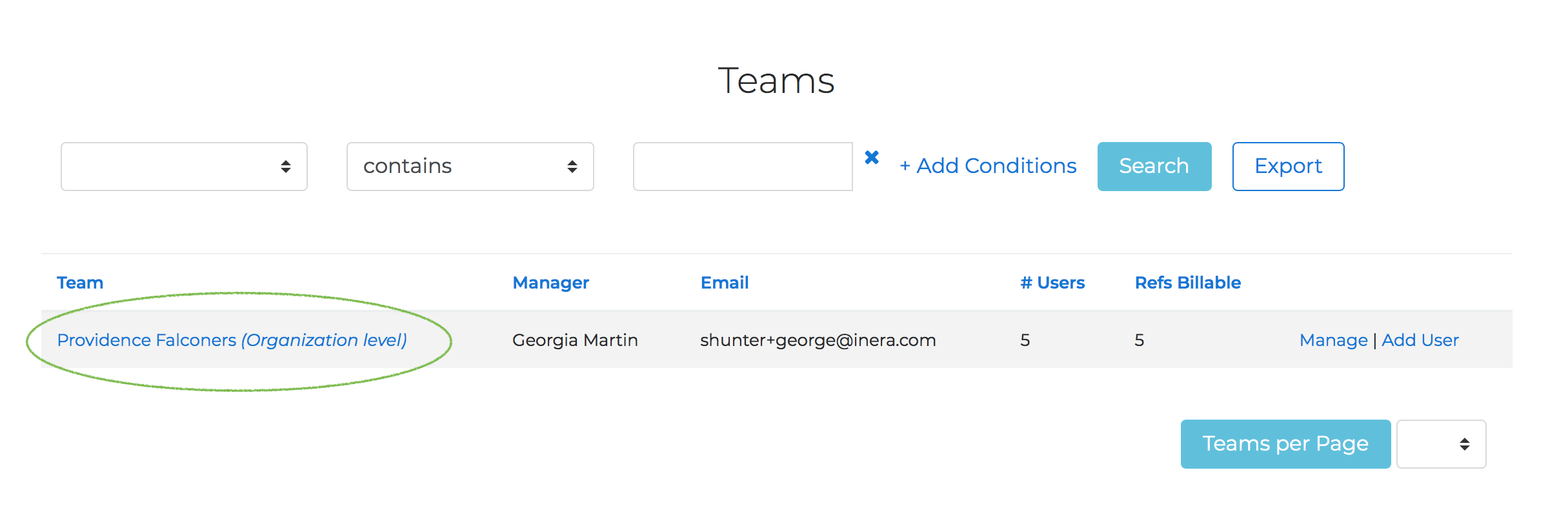 The Teams section of the My Organization page with only one team listed
