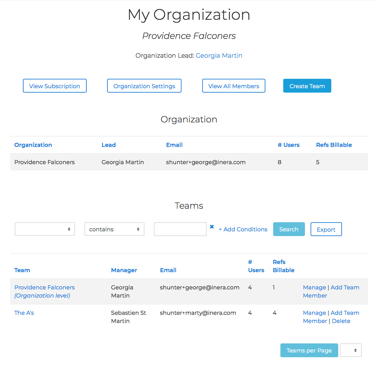 The Teams section of the My Organization page listing all teams in the organization