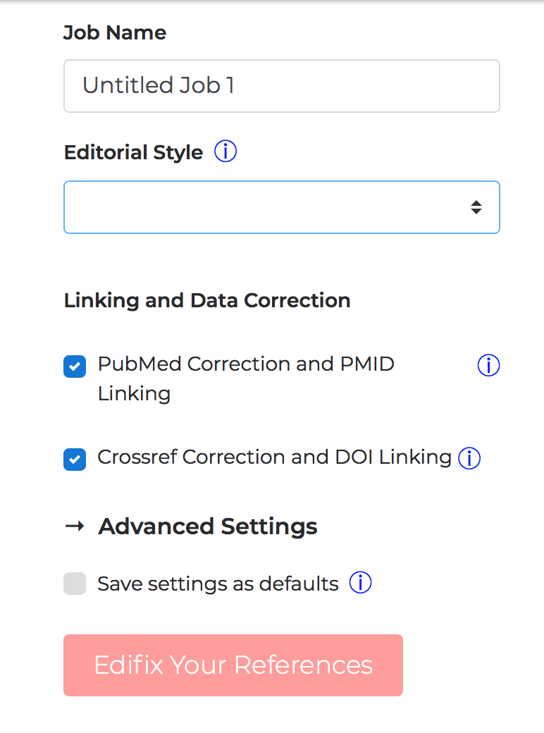 The new Edifix job options and Input References box