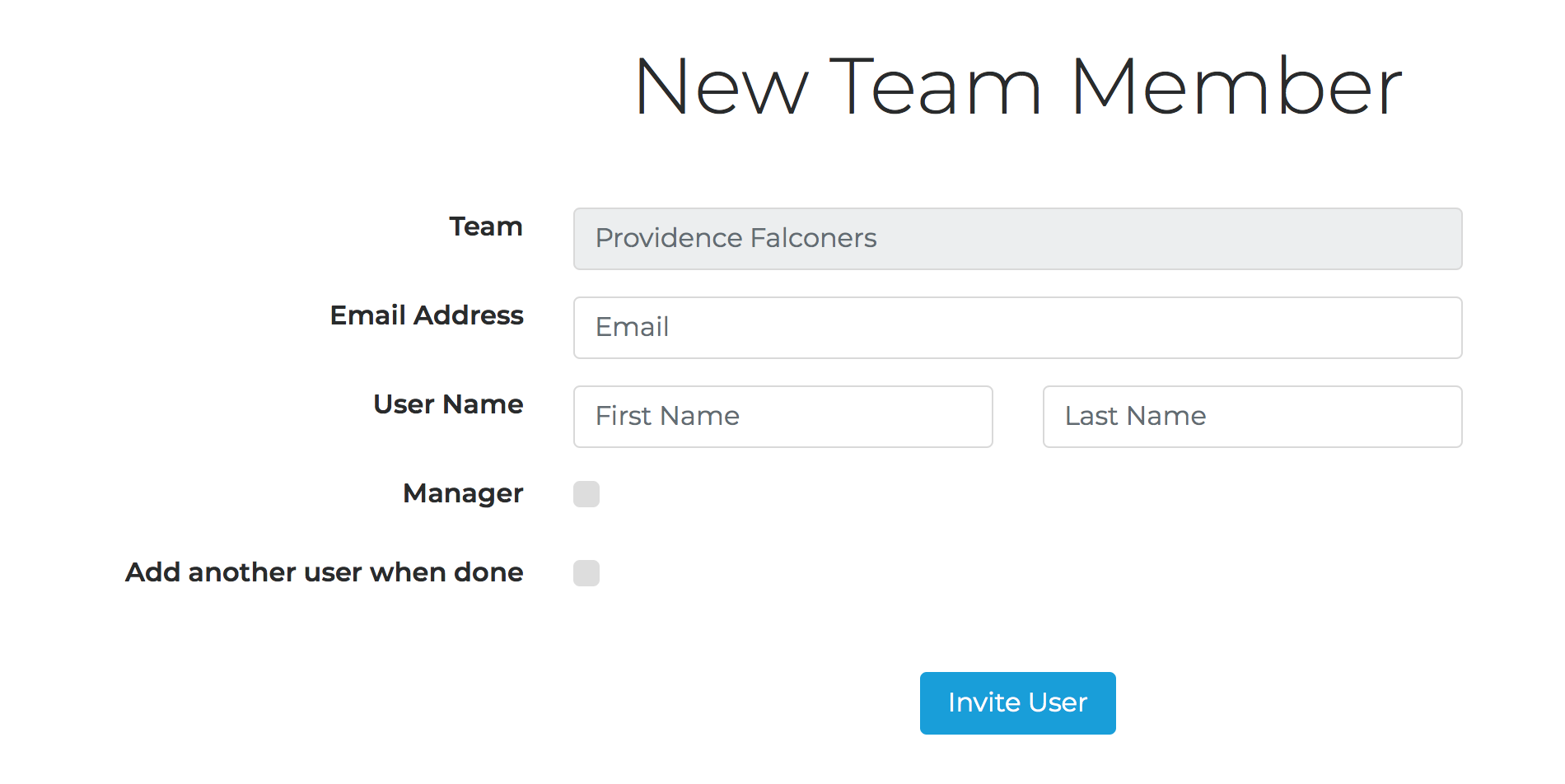 The New Team Member page when adding a member without assigning them to a specific team
