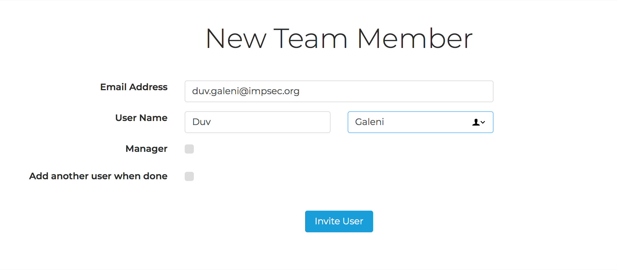 The New Team Member page with fields for email address, first name, last name, and Manager checkbox