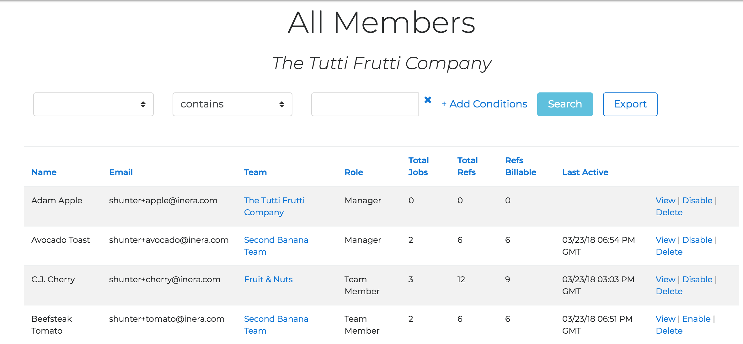 The All Members list showing each member's name, email address, team, and role