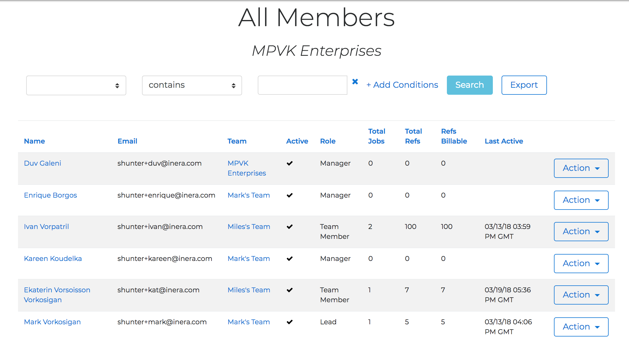 The All Members list with the Action drop-down showing Delete and other options