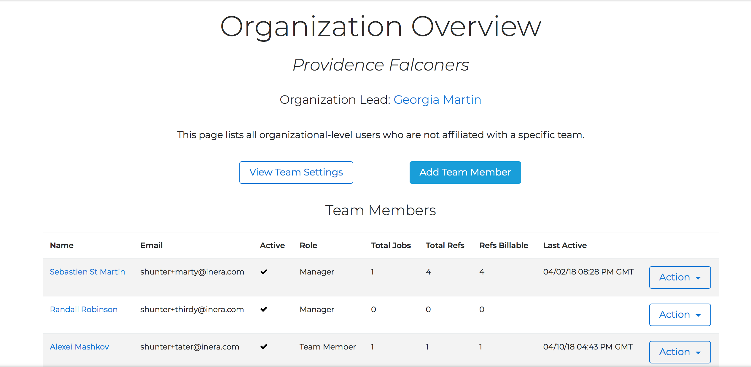 The Organization Overview page showing the list of Team Members and their recent Edifix jobs
