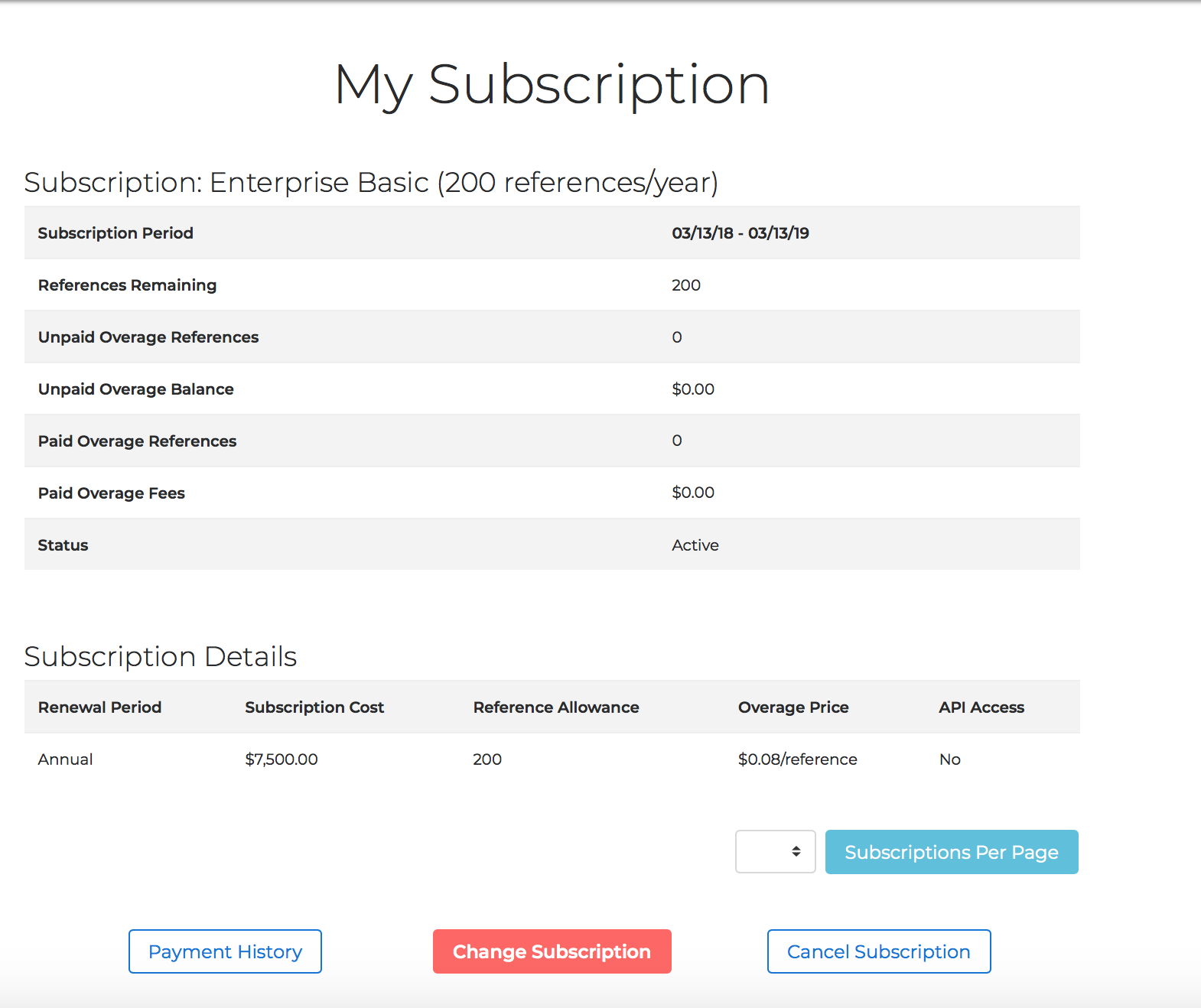 The My Subscription page with the Change Subscription button