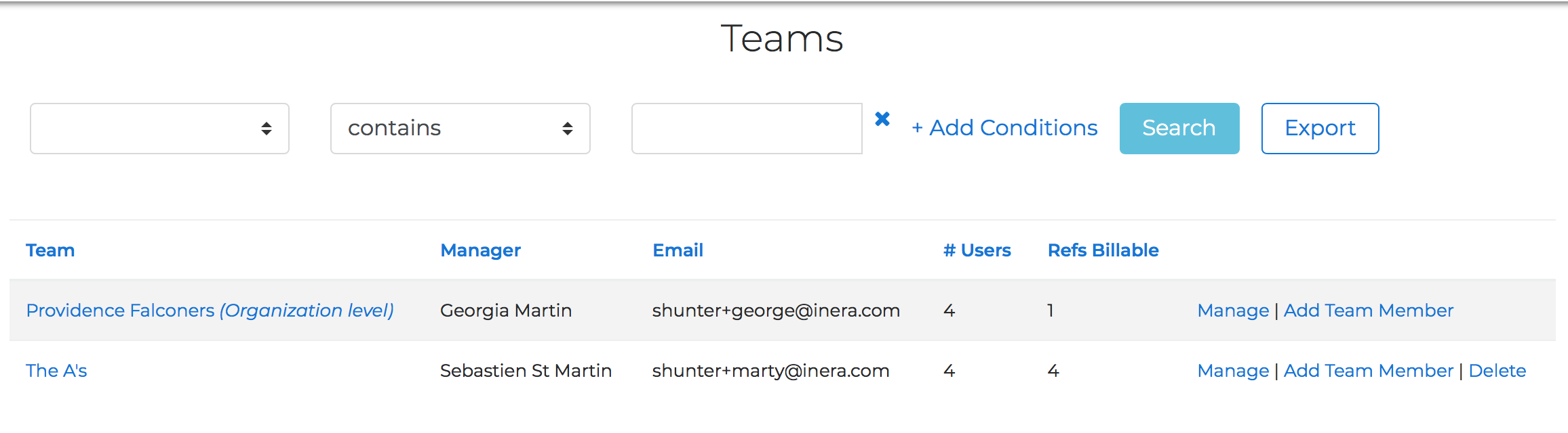 The Teams section of the My Organization page showing only the organization-level entry when no individual teams exist