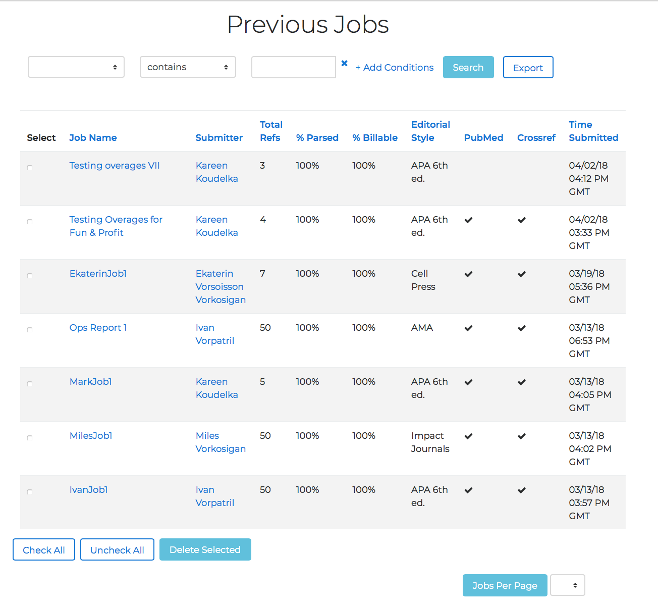 The Previous Jobs page listing all jobs processed by any user in the organization
