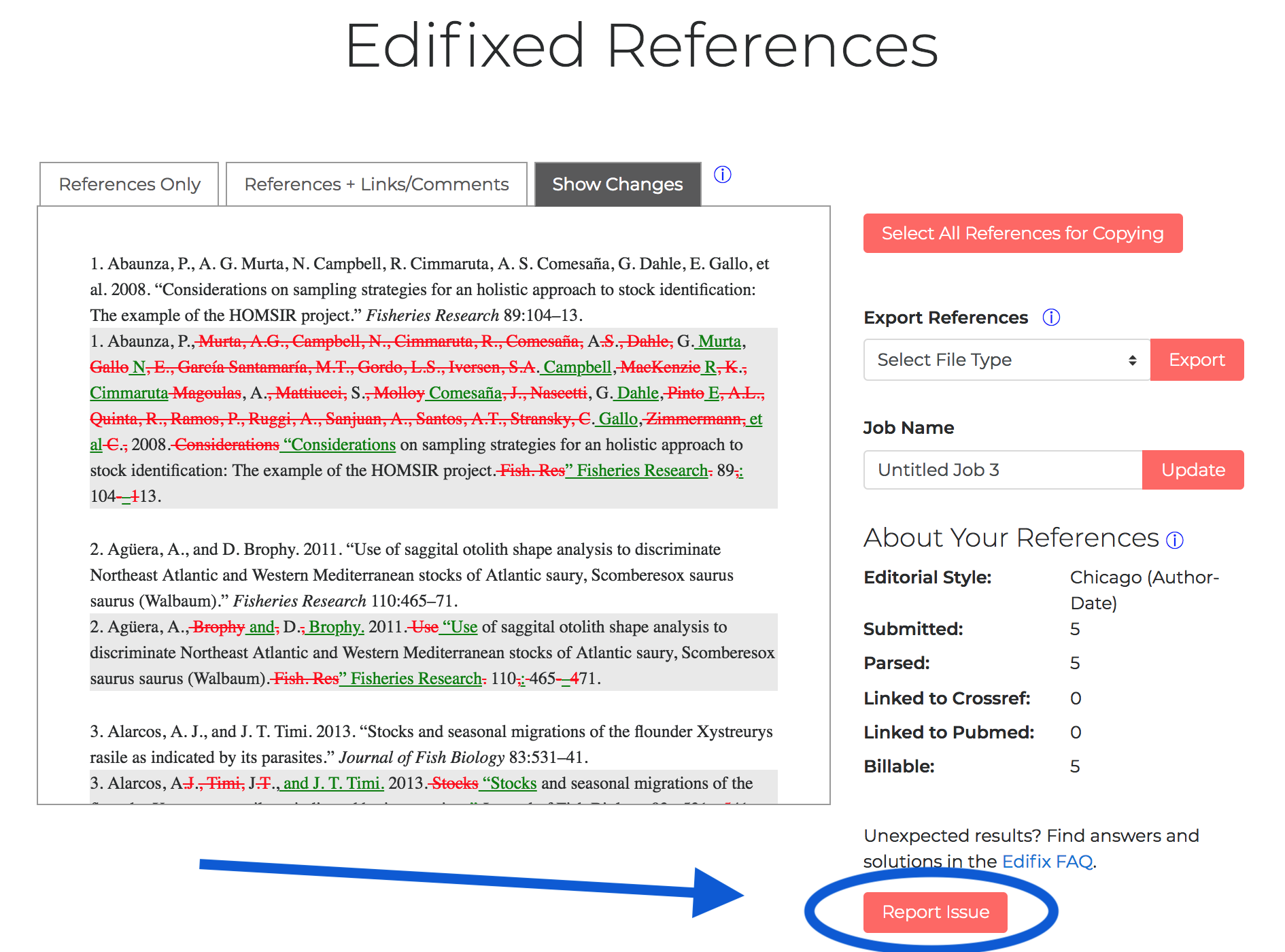 The Previous Jobs page with the Report Issue button highlighted