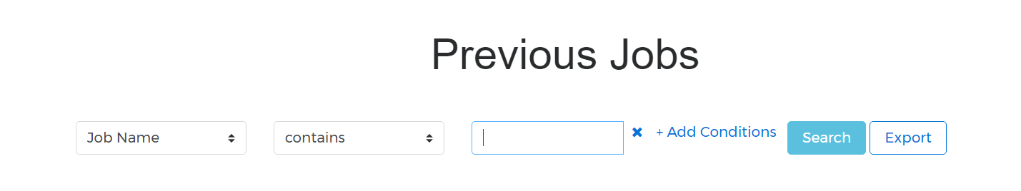The search interface on the Previous Jobs page, with drop-down menus for field, search limit, and a text input