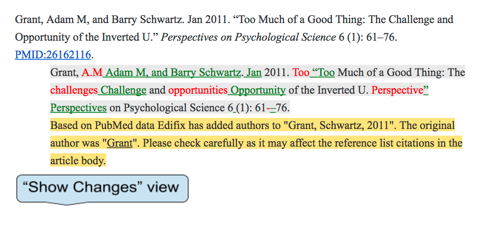 Edifix reference entry showing PubMed comment on author list discrepancy, with corrected article title and journal title