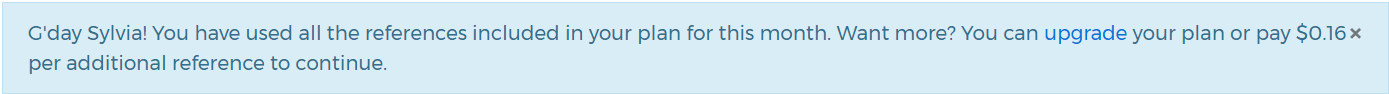 Edifix prompt notifying the user that their reference allowance has been reached and offering the option to pay overage charges