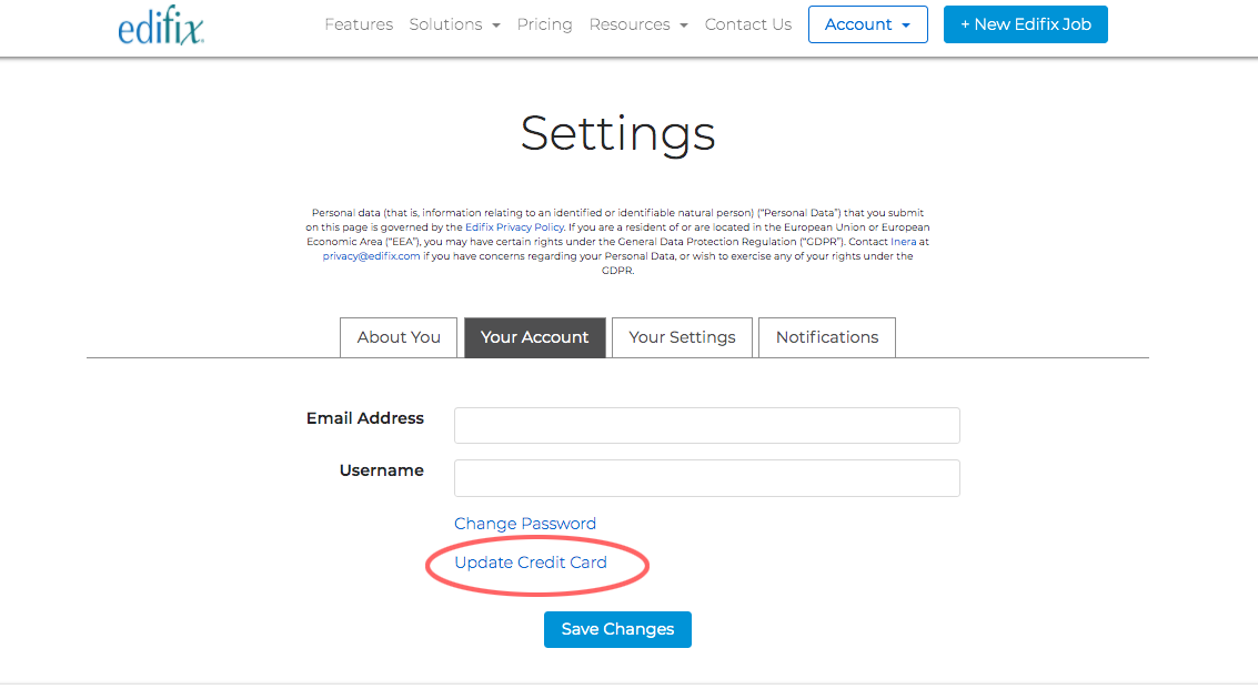 The Settings page with the Your Account tab selected