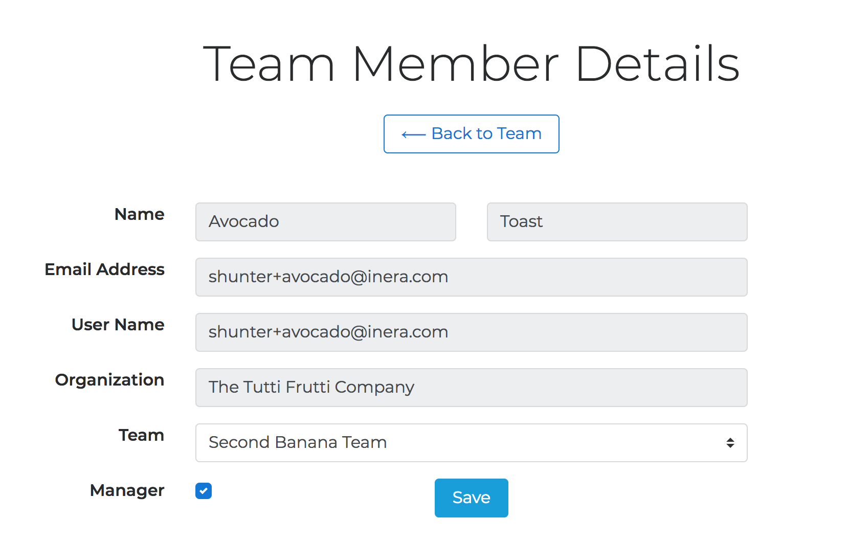 The Team Member Details page with the Team drop-down menu for changing team assignment