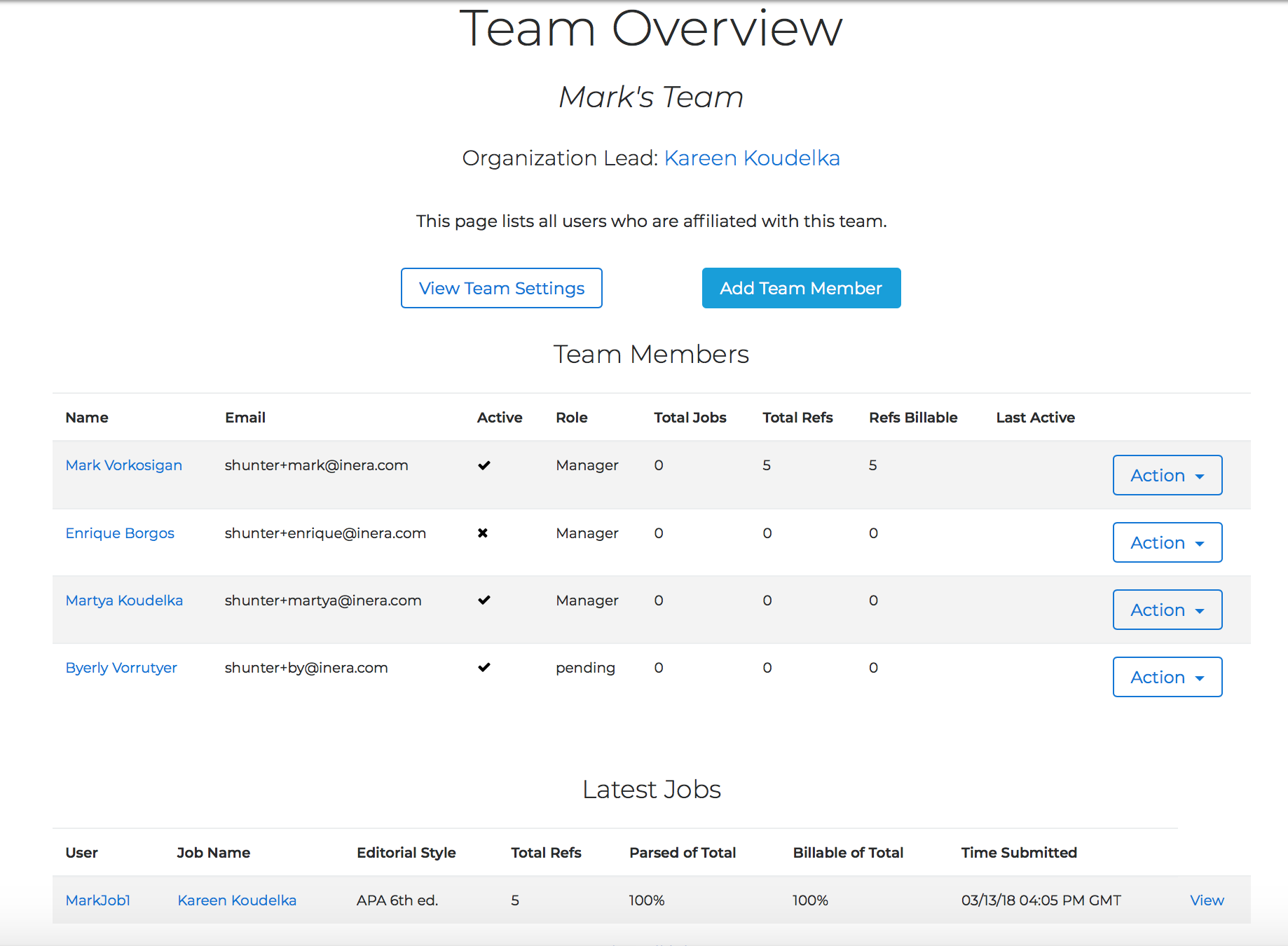 The Team Overview page showing team members, their roles, job counts, and the most recent jobs processed
