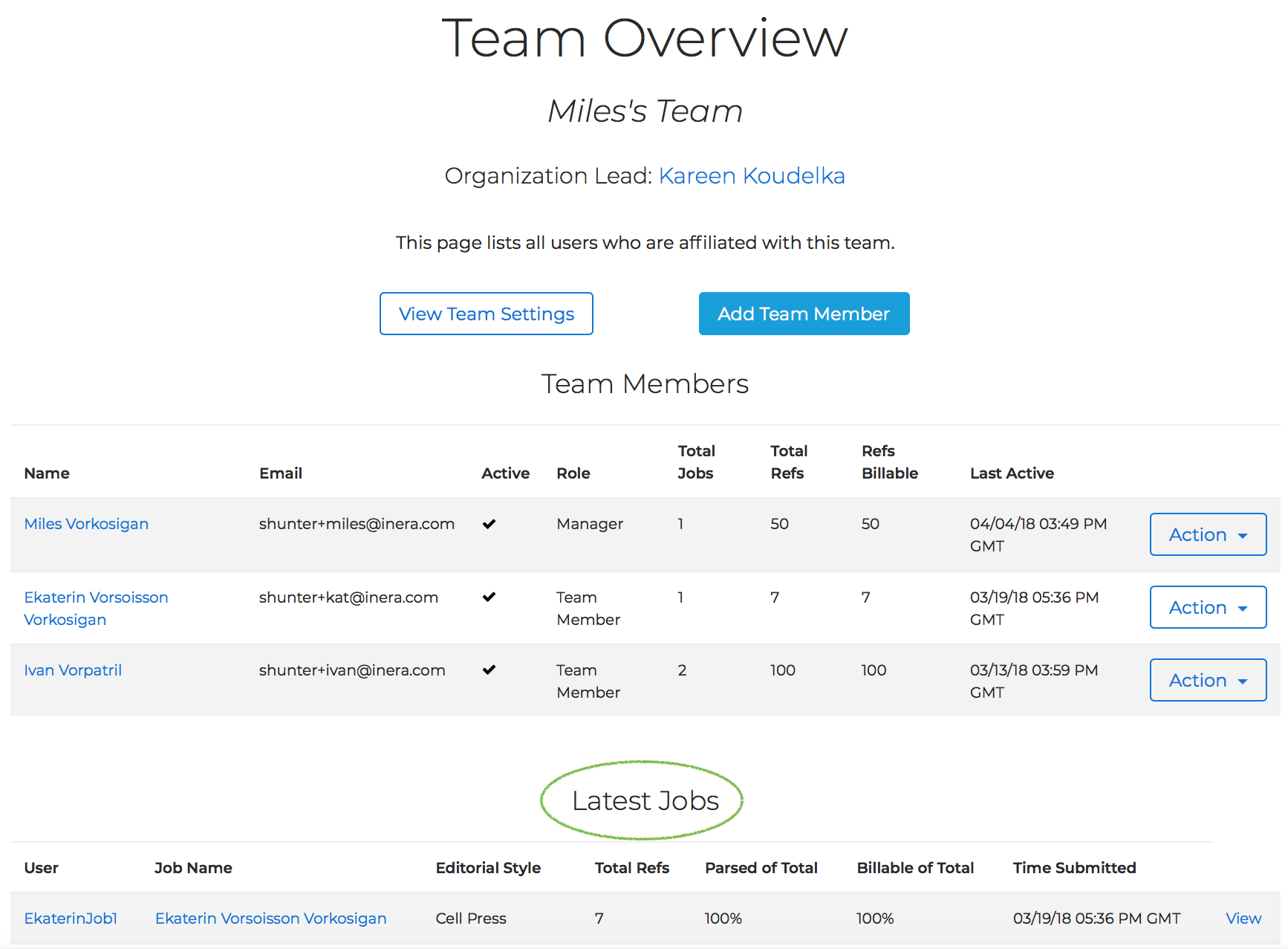 The Team Overview page with a list of recent Edifix jobs processed by Team Members