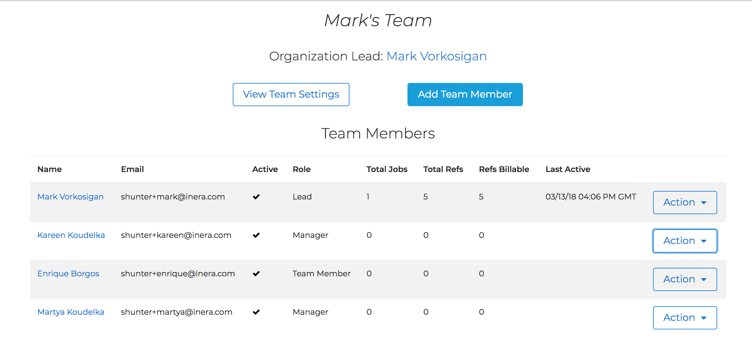 The Team Overview page showing each Team Member's role in the third column and an Action drop-down in the far right column