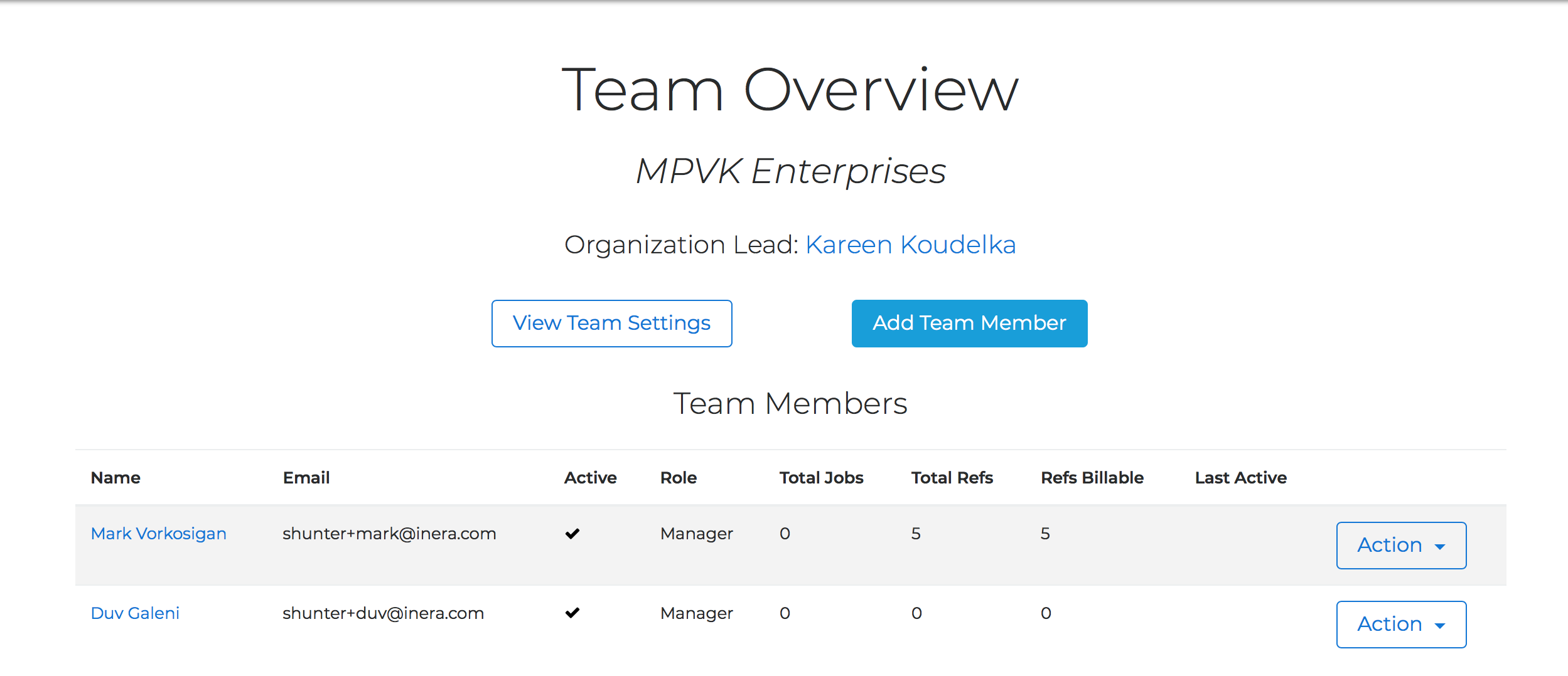 The Team Overview page with the View Team Settings button