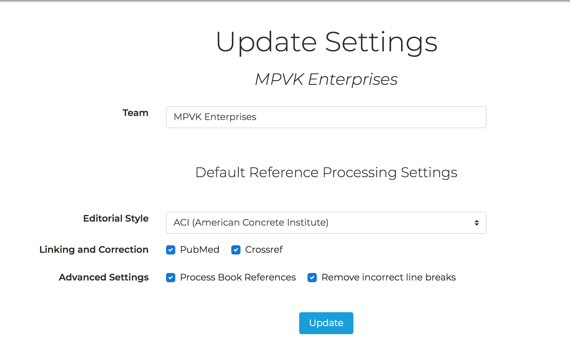 The Team Settings page showing default editorial style and advanced settings options