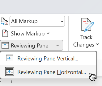 Reviewing pane in the Markup group of the Review tab in the Microsoft Word ribbon