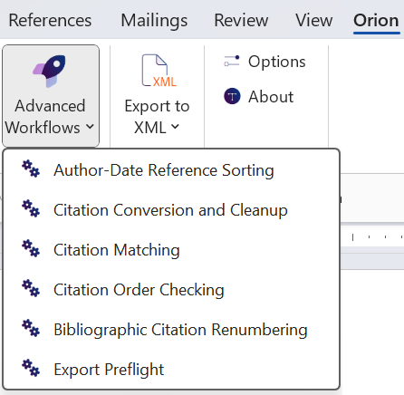 Advanced Workflows dropdown menu in Orion for Word
