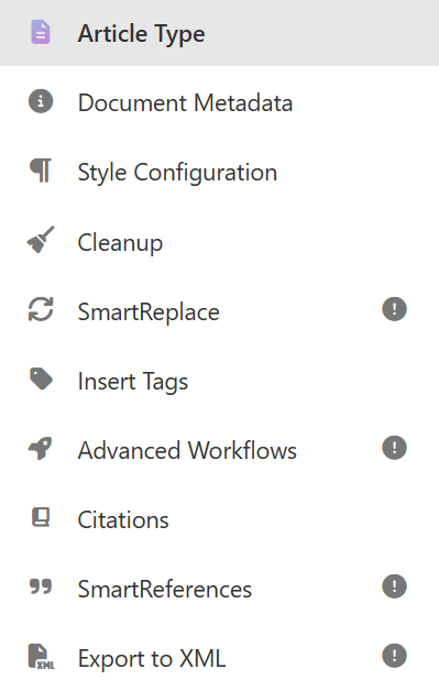 Exclamation mark next to each option in global settings indicating incomplete configuration