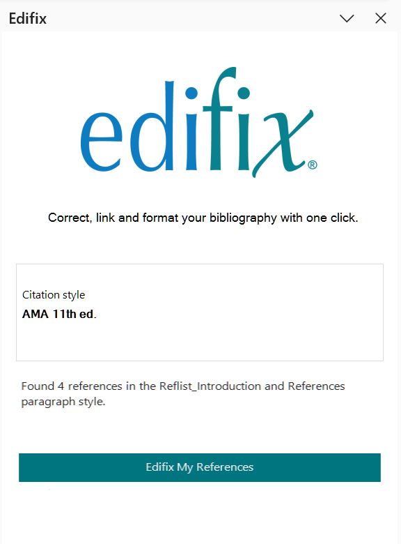 Edifix task pane showing citation style, reference count, and Edifix My References button