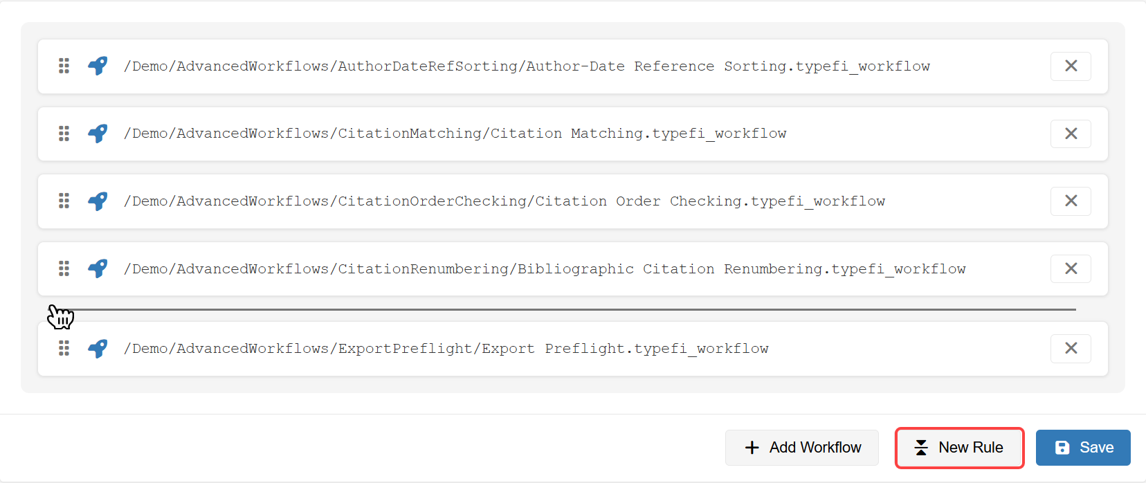 New Rule button and a divider line added between workflows in the Advanced Workflows list
