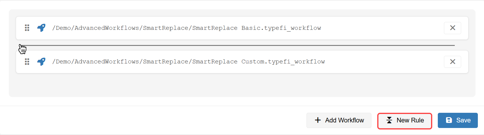 New Rule button and a divider line added between workflows in the SmartReplace list