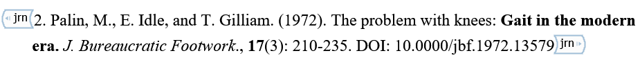 A reference entry wrapped in a Journal Reference tag, showing the content control border around the selected text