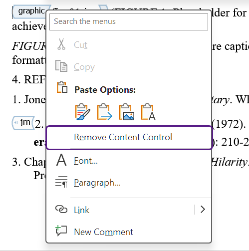 The contextual menu open on a tag, showing the Remove Content Control option