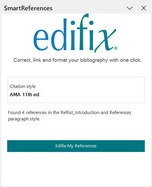 SmartReferences task pane showing citation style, reference count, and Edifix My References button