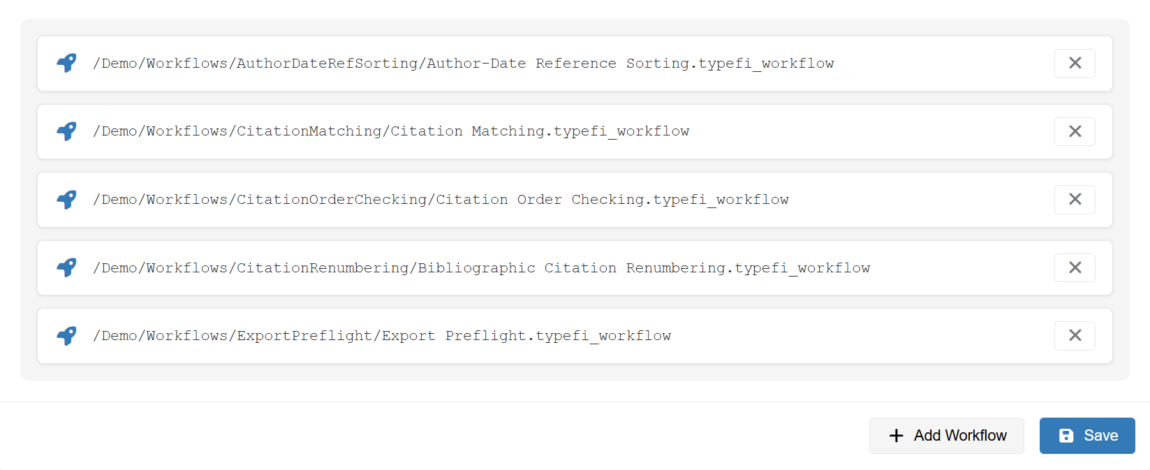 Image of a list of advanced workflows in Orion Compass Advanced Workflows section