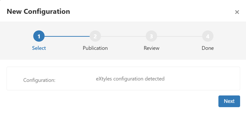New Configuration dialog displaying that an eXtyles configuration was detected.
