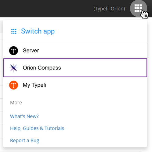 Typefi Server app switcher to switch to Orion Compass after Typefi Server sign in