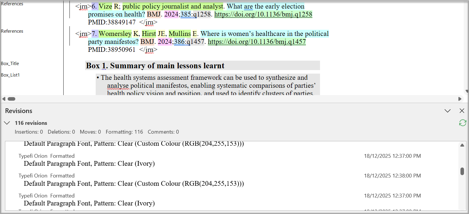 Image of the Reviewing pane Horizontal view at the bottom of the document that displays the SmartReplace formatting and revisions.
