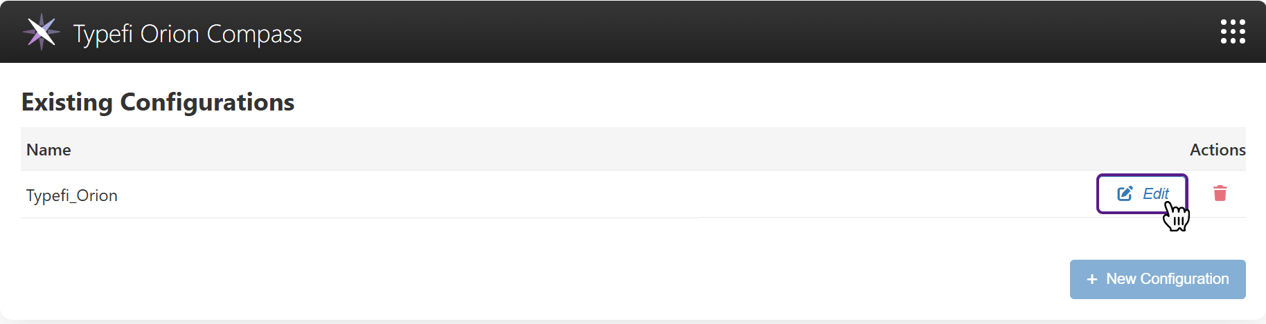 Typefi Orion Compass existing configurations view