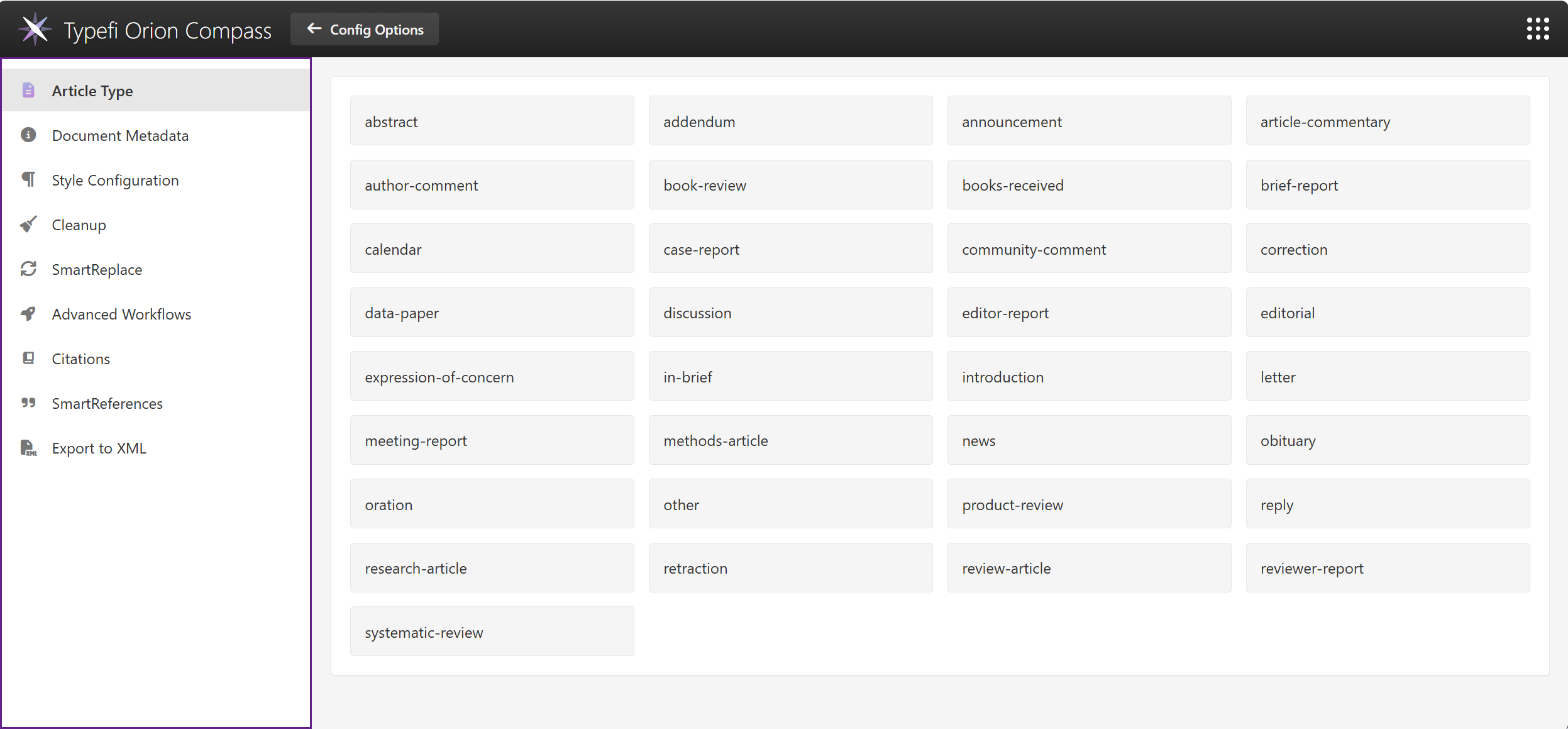 Typefi Orion Compass Global settings view