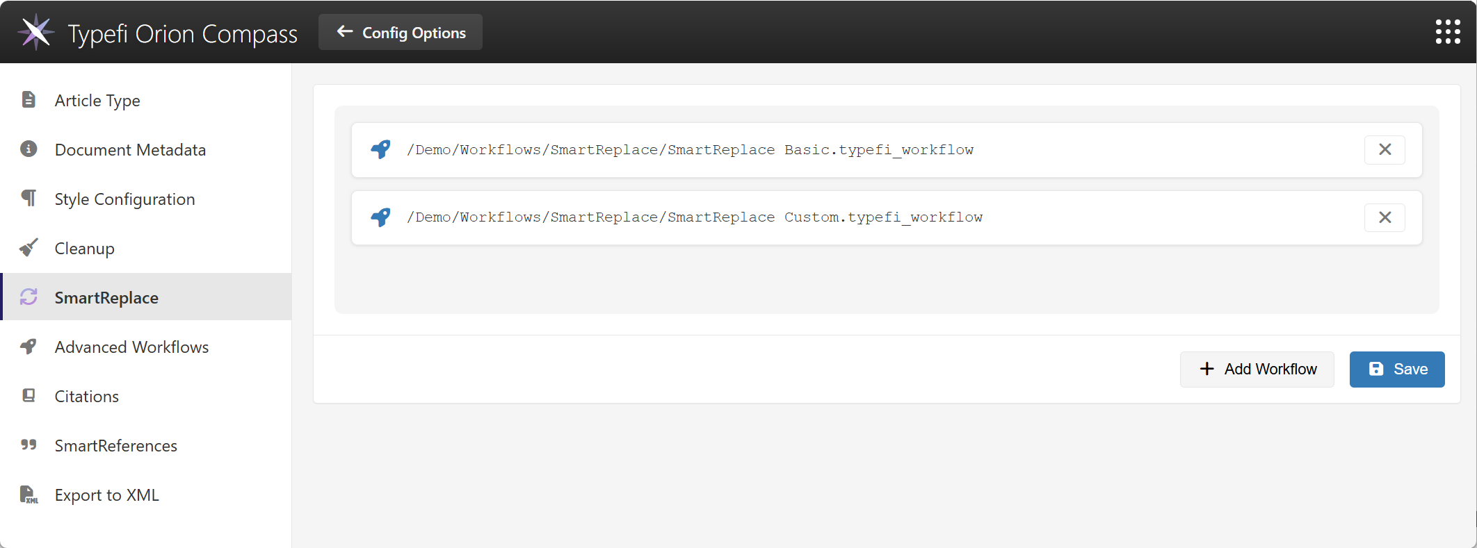Typefi Orion Compass global configuration for SmartReplace